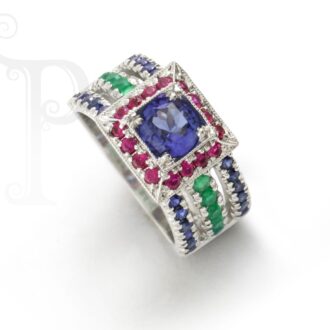 9k White Gold Tanzanite, Emerald & Sapphire Rainbow Ring
