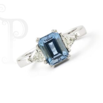 18k White Gold Aquamarine Emerald Cut & Diamond Trilliant Cut Trilogy Ring