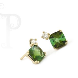 9k Yellow Gold Cushion Cut Tourmaline & Diamond Earrings