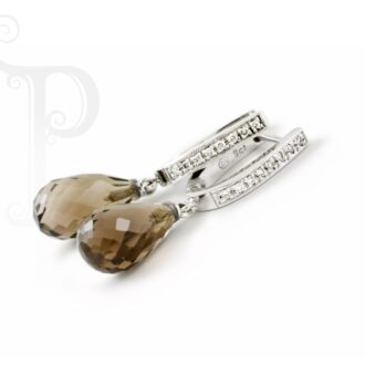9k White Gold Smokey Quartz & Diamond Huggie Earrings