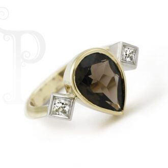 9k Yellow and White Gold Smokey Quartz Pear shape & Diamond Ring