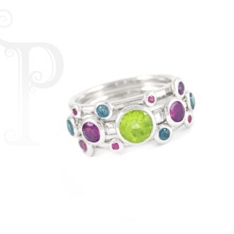 9k White Gold Rainbow Peridot, Rhodalite and London Blue Tube set Ring