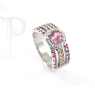 9k White Gold Tourmaline, Diamond, Pink & Orange Sapphire 3-band Ring