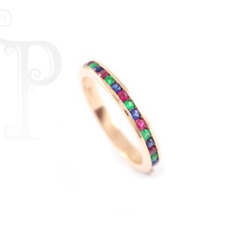 9k Rose Gold 'Rainbow' Ruby, Sapphire and Emerald Channel Set Eternity Ring