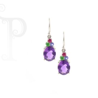 9k White Gold Amethyst, Sapphire and Tanzanite Rainbow Earrings