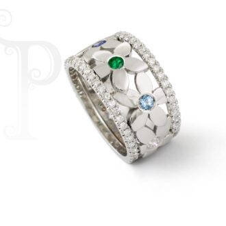 18k White Gold Diamond, Aquamarine, Emerald, Yellow Sapphire And Tanzanite Daisy Ring