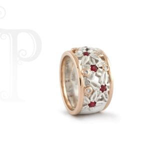 18k Rose Gold And Argentium Silver Diamond And Ruby Daisy Ring
