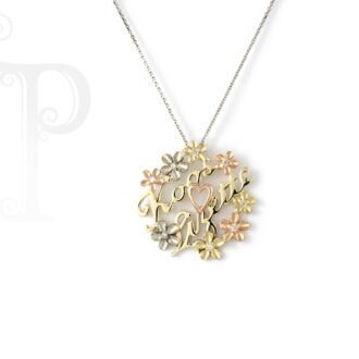 9k White Yellow and Rose Gold Daisy Name Pendant