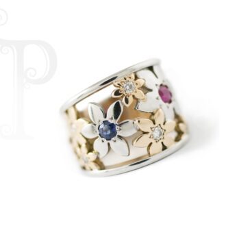 18k White and Rose Gold Diamond, Ruby, Sapphire and Emerald Daisy Ring