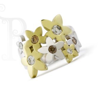 18k White and Yellow Gold Cognac Diamond Daisy Ring