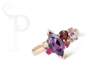 9k Rose Gold Synthetic Alexandrite, Ruby, Sapphire, Tanzanite and Diamond Cluster Ring