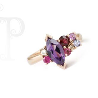 9k Rose Gold Synthetic Alexandrite, Ruby, Sapphire, Tanzanite and Diamond Cluster Ring