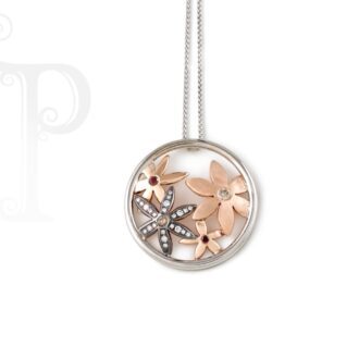 9k Rose and White Gold Diamond and Ruby Daisy Necklace