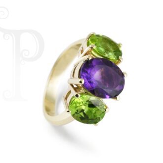 9k Yellow Gold Amethyst and Peridot Oval Trilogy Ring