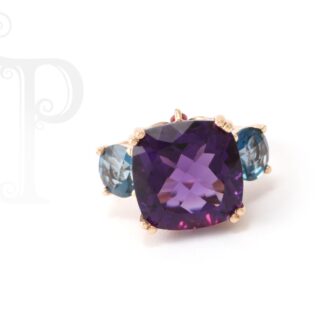9k Rose Gold Amethyst, London Blue Topaz & Ruby Ring