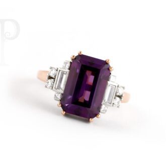9k Gold Amethyst Emerald Cut & Diamond Ring